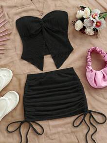 Soleia 女士度假沙滩扭结抹胸上衣和抽绳腰半裙两件套 - 黑色 - 查看 3