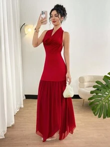 Modelyn 女士纯色低胸无袖露背优雅长裙 - 酒紅色 - 查看 4
