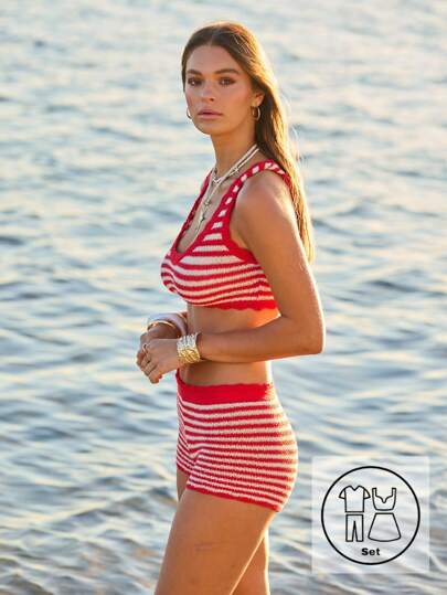 Aralina 4th Of July Knitted Crochet Two-Piece Stripe Crop Top And Short Set Perfect For Summer Outfits And Beach Days With Bag