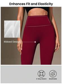 Easithlete Burgundy Rib-Knit High-Waisted Long Sports Seamless Leggings With Tummy Control And -Lifting Design Yoga Women Pants - Burgundy - View 7