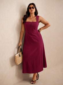 Elaquor Große Größen einfarbiges ärmelloses Lässig Urlaubskleid - Bordeaux - Übersicht 4