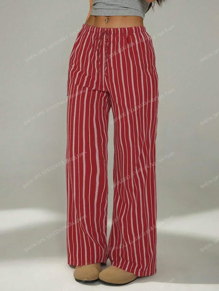 SHEIN PETITE Quần ống rộng cạp cao có dây rút, quần sọc chỉ dành cho mùa xuân hè dễ thương, kỳ nghỉ, sọc thanh lịch, dễ thương - Đỏ - Xem 1