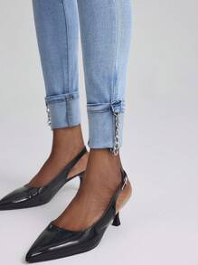 Slaydiva Women's Slim Fit Solid Color Cuffed Metal Chain Decor Versatile Fashion Jeans - Blue - View 6
