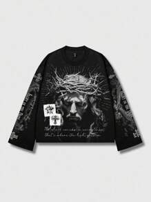 ROMWE MEN Goth Men's Streetwear Graphic Print Pullover T-Shirt, Suitable For Spring/Summer, Fall, 2000s Style