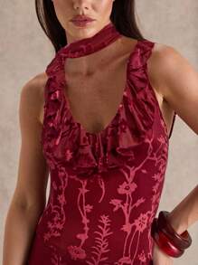 Glamine Women's Velvet Burnout Halter Neck Ruffle Trim Cinched Waist Camisole Top, Elegant Burgundy Color, Suitable For Outings, Dates, And Parties - Burgundy - View 6