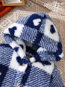 Baby Girl Heart Pattern Plush Long Sleeve Single-Breasted Hooded Jacket Fall Winter