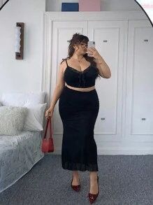 SHEIN EZwear 大碼高腰網紗覆蓋半身裙 - 黑色 - 查看 2