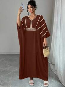 Elenzga 大码女式蝙蝠袖V领拼接腰带宽松连衣裙 - 咖啡棕 - 查看 4