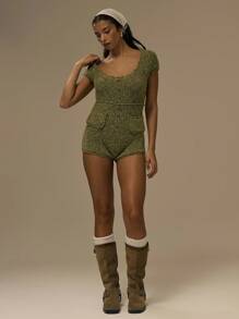 MUSERA 圆领针织修身纽扣连体裤，秋季可爱街头风，适合节日、农舍乡村、复古风等多种场合，也适合秋冬季、晚宴、新年、假日、春夏等季节穿着。 - 橄欖綠 - 查看 5