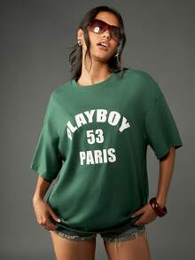 Missguided x Playboy Oversized College Athletic T-Shirt Short Sleeve Graphic Design Casual Summer Retro Streetwear Vintage Paris Logo Festival Urban Style Tee - Green - View 4