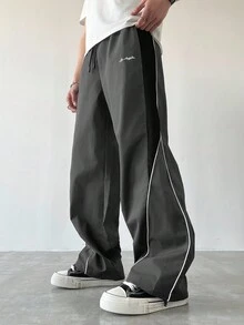 Manfinity EMRG Men's Casual Color Block Drawstring Straight Leg Pants, Loose Fit Long Patchwork Black Straight Leg Sweatpants, Fall Football - Dark Grey - View 4