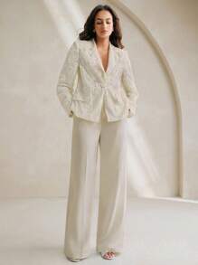 Anewsta 女士优雅蕾丝翻领系带西装外套，适合通勤和派对 - 杏色 - 查看 6