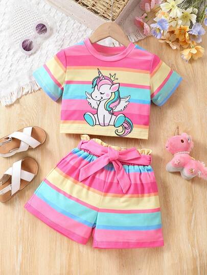 SHEIN Genkimix Kids 女孩獨角獸印花彩虹條紋短袖t卹+短褲套裝