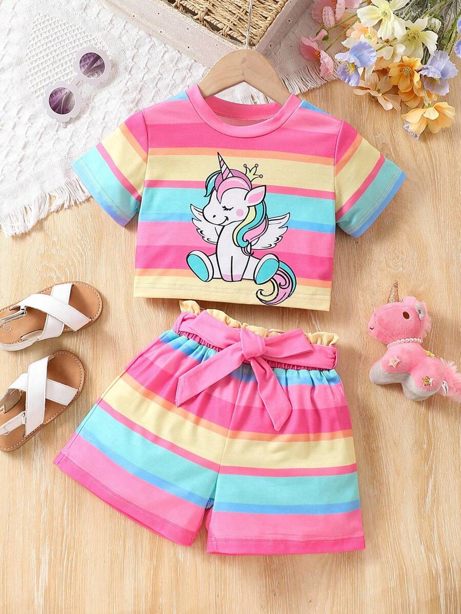 SHEIN Genkimix Kids 女孩獨角獸印花彩虹條紋短袖t卹+短褲套裝