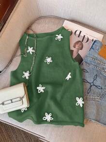 SHEIN Frenchy Áo len cổ tròn họa tiết hoa giản dị dành cho nữ mùa thu/đông - màu xanh lá - Xem 7
