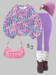 SHEIN 2 件套青少年女孩休闲可爱卡通兔子印花圆领舒适长袖运动衫和紧身裤套装，适合秋冬季 - 彩色 - 查看 2