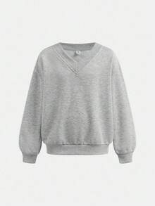 SHEIN 青少年女孩 V 领宽松运动衫和慢跑裤两件套，休闲日常百搭时尚服装 - 灰色 - 查看 4