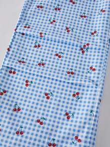 SHEIN Teen Girl Casual Fashion Woven Digital All-Over Checkerboard Cherry Print Pleated Waist Drawstring Comfortable Pants - Blue and White - View 6