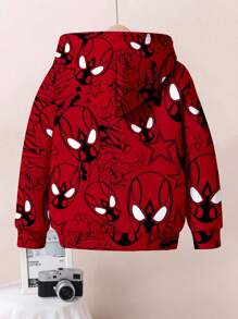 SHEIN Baby Boy Casual Loose Comfortable Spider Graphic Soft Knit Hoodie Sweatshirt, Suitable For Autumn/Winter