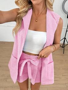 Easowa Bộ 2 món áo khoác blazer không tay kẻ sọc thường ngày dành cho nữ và quần short, trang phục thường ngày mùa hè - Hồng - Xem 5