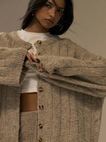 MUSERA Oversized Drop Shoulder Button Down Knit Cardigan Cute Streetwear Festival Farmhouse , Country, Vintage, Work Office Chic Spring Sweater - Khaki - View 2