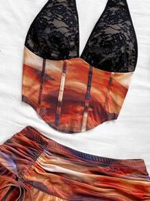 Soleia New Gradient Printed Halter Backless Crop Top & Mini Skirt 2 Pieces Set, Perfect For Beach Vacation Sunset Colors Outfit, Desert Outfit, Havana Nights Outfit, Tequila Sunrise Outfit, Coastal Cowgirl Outfit - Multicolor - View 8