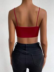 Femesol 女士纯色露背抹胸上衣，休闲舒适 - 酒紅色 - 查看 2