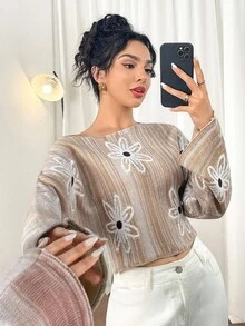 Modelyn Asymmetrical Color Block Floral Knit Pullover Sweater, Loose Casual Women Autumn/Winter - Camel - View 2