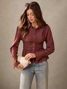 Wildy Camisa casual de mujer de unicolor, de manga larga, con pliegues y abotonadura sencilla