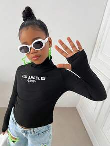 Tween Girl Casual Fitted Black Crew Neck Printed T-Shirt Autumn Fall Winter - Black - View 2