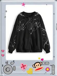 Paul Frank X ROMWE 大码亚文化重钻拉链抽绳卫衣 - 黑色 - 查看 1