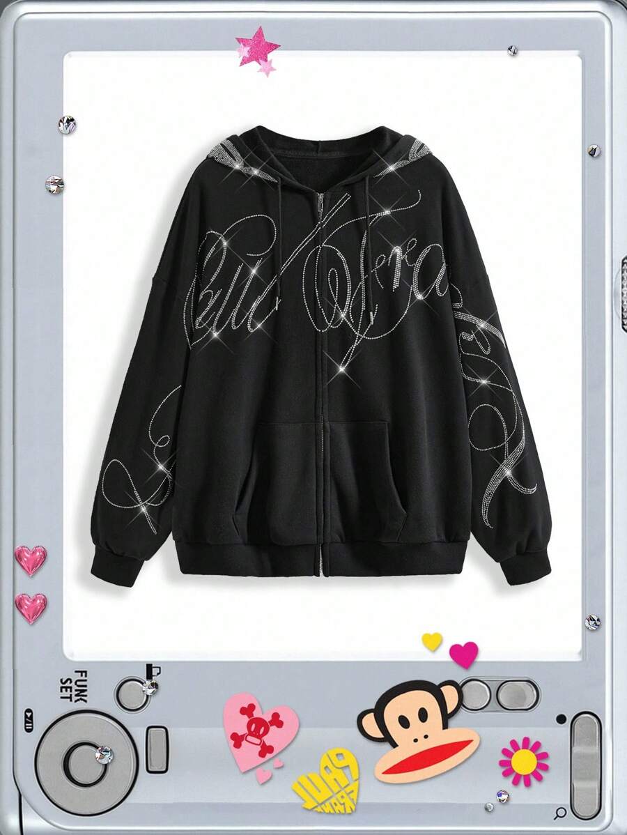 Paul Frank X ROMWE 大码亚文化重钻拉链抽绳卫衣 - 黑色 - 查看 1