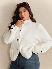 Elaquor 秋季大码女式休闲日常简约纯色单排扣开衫 - 杏色 - 查看 2