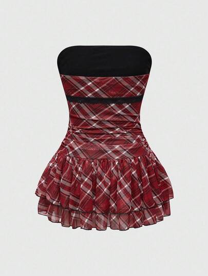 J-Fashion Vintage Sweet Plaid Print Skater Dress For Women