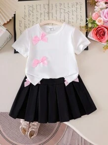 Girls Casual Short Sleeve Bow Decor White T-Shirt And Black Pleated Skirt Set, School Style Summer Outfit