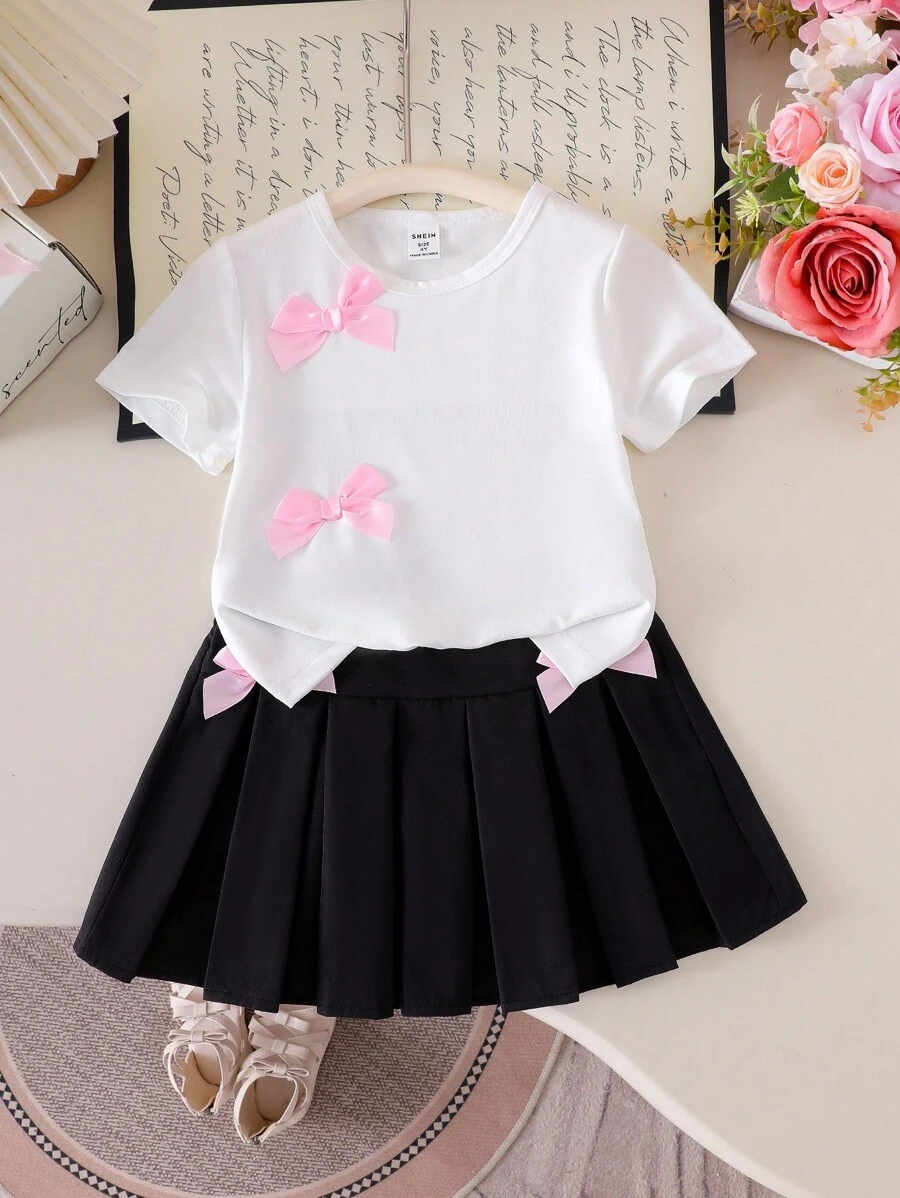 Girls Casual Short Sleeve Bow Decor White T-Shirt And Black Pleated Skirt Set, School Style Summer Outfit