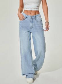 SHEIN PETITE 女式简约蓝色休闲牛仔裤 - 淺色水洗藍 - 查看 6