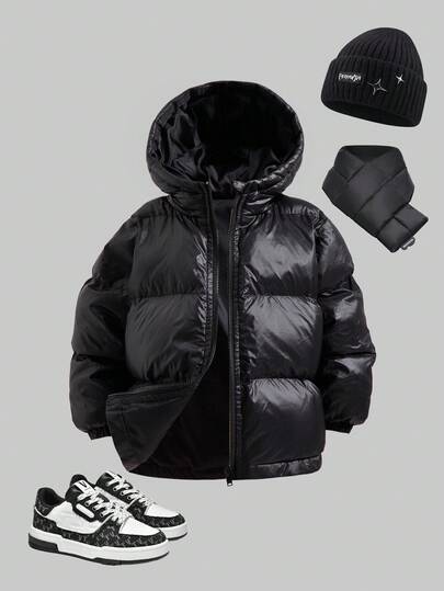 SHEIN Pikowany, ocieplany, gruby, ciepły zimowy płaszcz dla chłopców z wysokim kołnierzem i kapturem, odpowiedni do zabawy w pomieszczeniach, na zewnątrz i na śniegu