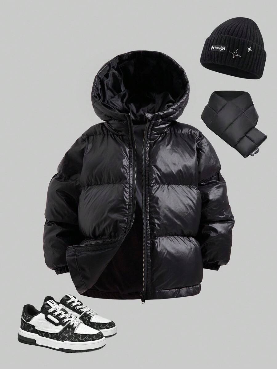 SHEIN Pikowany, ocieplany, gruby, ciepły zimowy płaszcz dla chłopców z wysokim kołnierzem i kapturem, odpowiedni do zabawy w pomieszczeniach, na zewnątrz i na śniegu