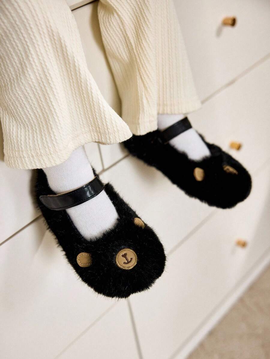 Autumn/Winter Fashion Versatile Casual Cute Plush Bear Lining Warm Anti-Slip Flats For Toddler Girls - Black - View 1