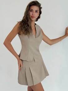 Aloruh Women's Khaki Deep V-Neck Sleeveless Vest & Pleated A-Line Skirt Set,Summer Elegant Work Minimalist Commuter Outfits,Teacher Fall Clothes For Women - Khaki - View 8
