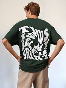 SHEIN Camiseta de manga corta con gráfico de texto para adolescentes y jóvenes, cómoda camiseta de cuello redondo de color liso para ir y venir, escuela, diario, vacaciones, deportes, fiesta, primavera/verano - Verde militar - Ver 3