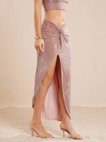 L'Amorae Elegant Metallic Twist Front Asymmetric Skirt, Summer For Women - Dusty Pink - View 2
