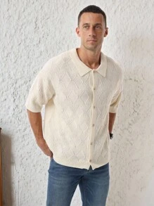 Manfinity Homme Men's Geometric Textured Short Sleeve Single-Breasted Casual Knit Top - Apricot - View 4