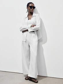 Lumivelle 欧美风条纹宽松衬衫松紧腰直筒裤两件套全白休闲套装春季大学生服装 - 白色 - 查看 1