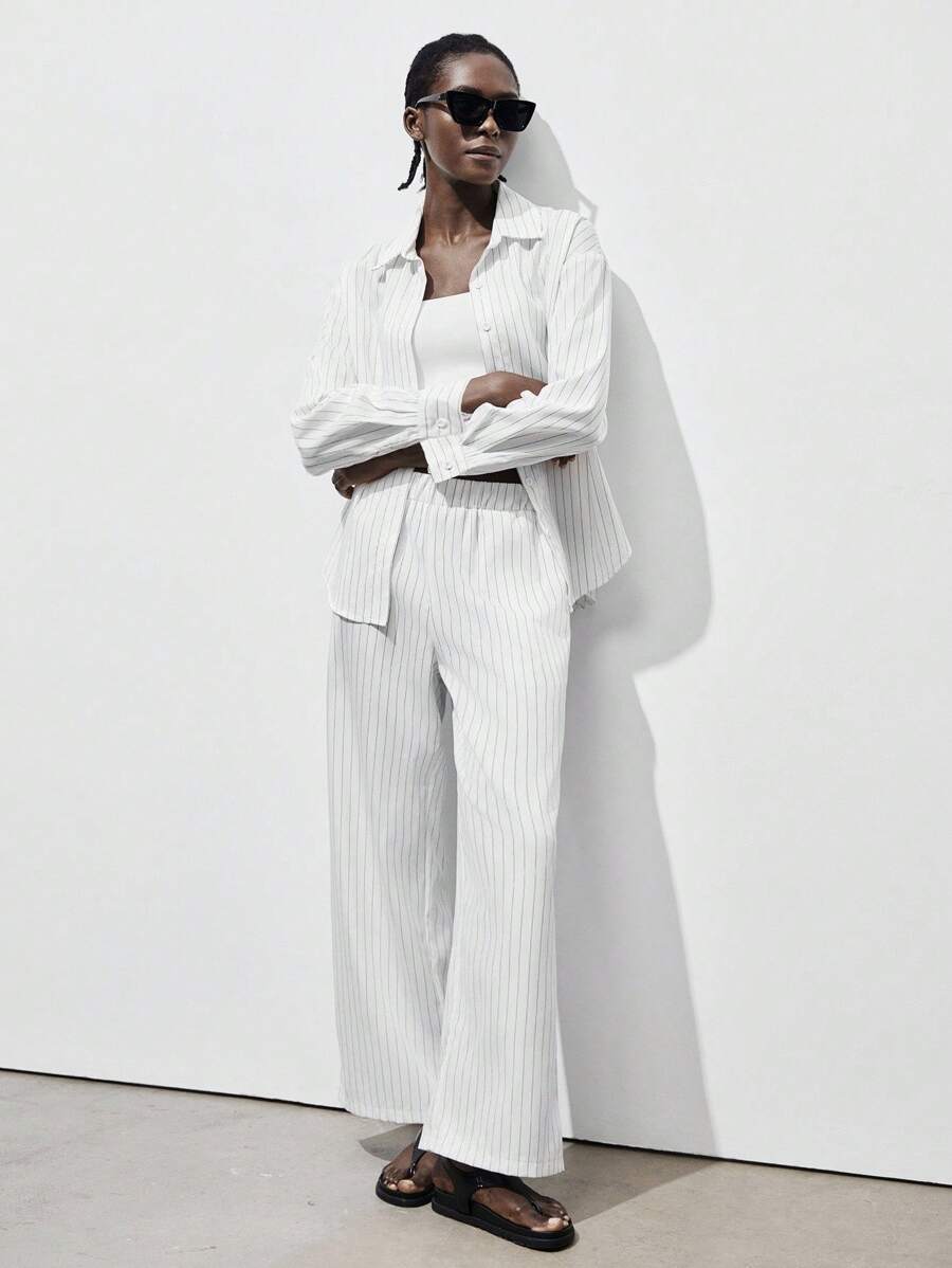 Lumivelle 欧美风条纹宽松衬衫松紧腰直筒裤两件套全白休闲套装春季大学生服装 - 白色 - 查看 1