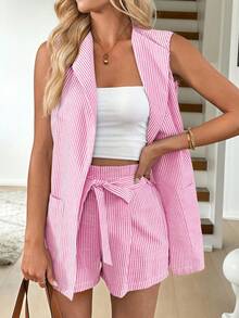 Easowa Bộ 2 món áo khoác blazer không tay kẻ sọc thường ngày dành cho nữ và quần short, trang phục thường ngày mùa hè - Hồng - Xem 2