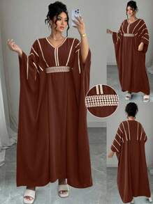 Elenzga 大码女式蝙蝠袖V领拼接腰带宽松连衣裙 - 咖啡棕 - 查看 1