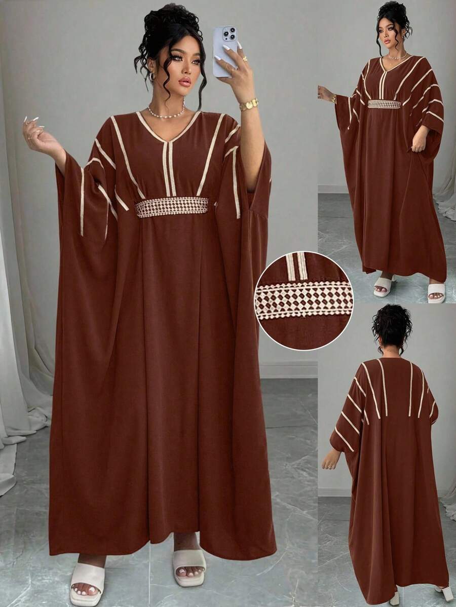 Elenzga 大码女式蝙蝠袖V领拼接腰带宽松连衣裙 - 咖啡棕 - 查看 1