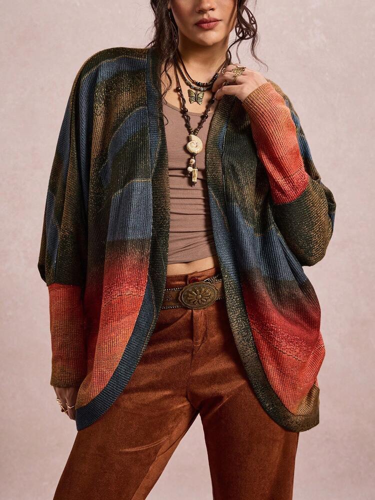 SHEIN VCAY 大码女式扎染蝙蝠印花开襟休闲夹克 - 彩色 - 查看 6
